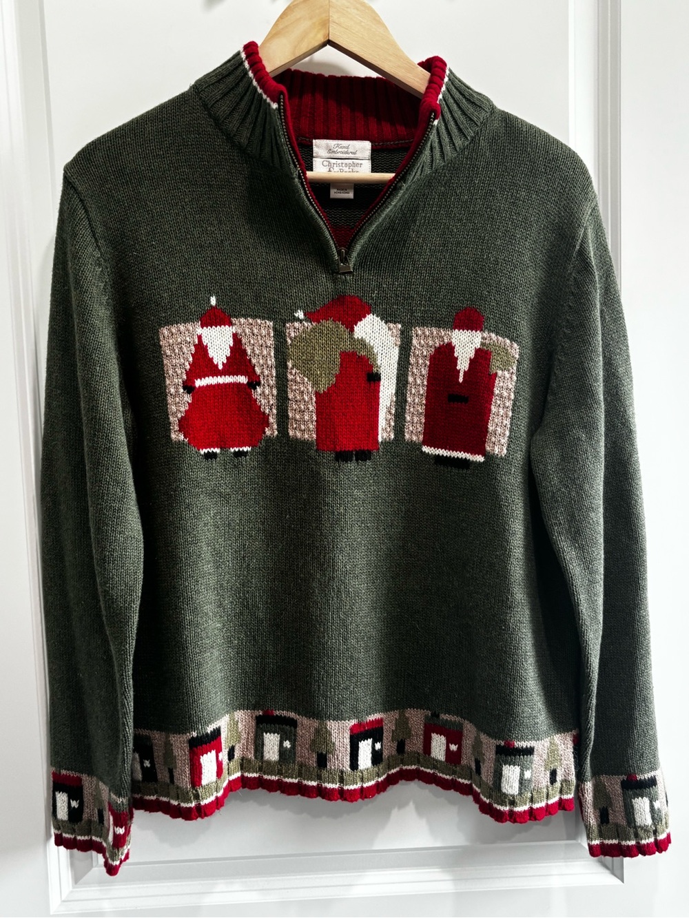 Vintage Christopher & Banks Olive Green Zip-Front Santa Panel Sweater